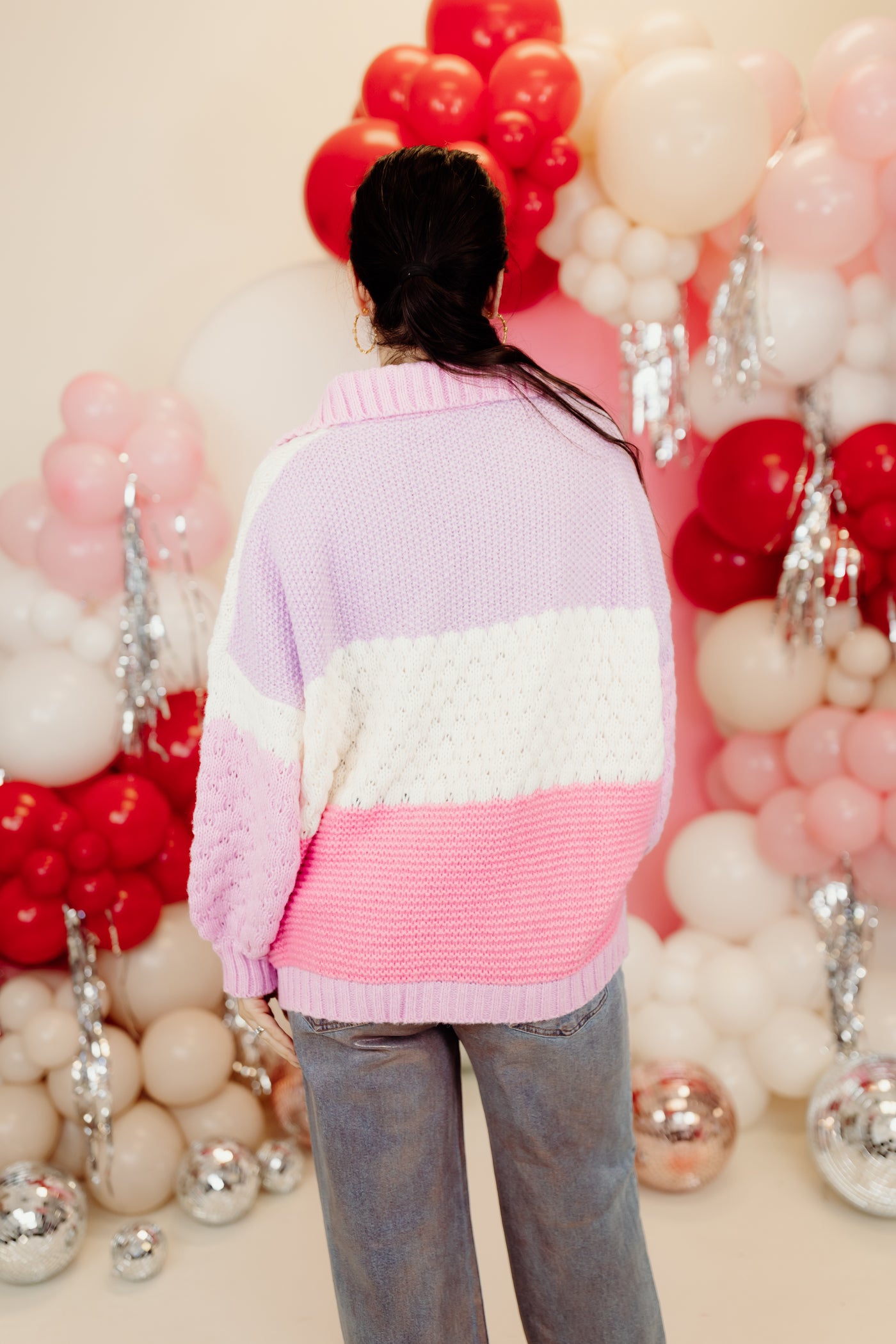 Pink Multi Colorblock Button Down Sweater Top