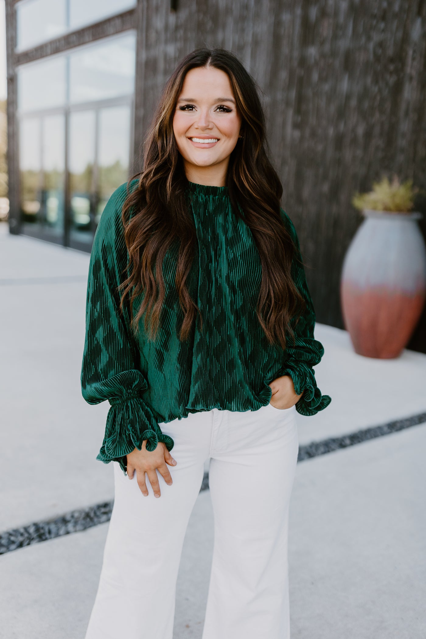 Hunter Green Pleated Ruffle Top