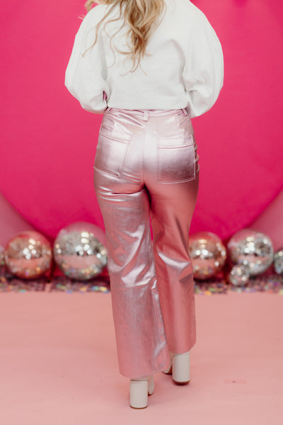 AnnieWear Metallic Rose Pink High Waist Wide Leg Jean