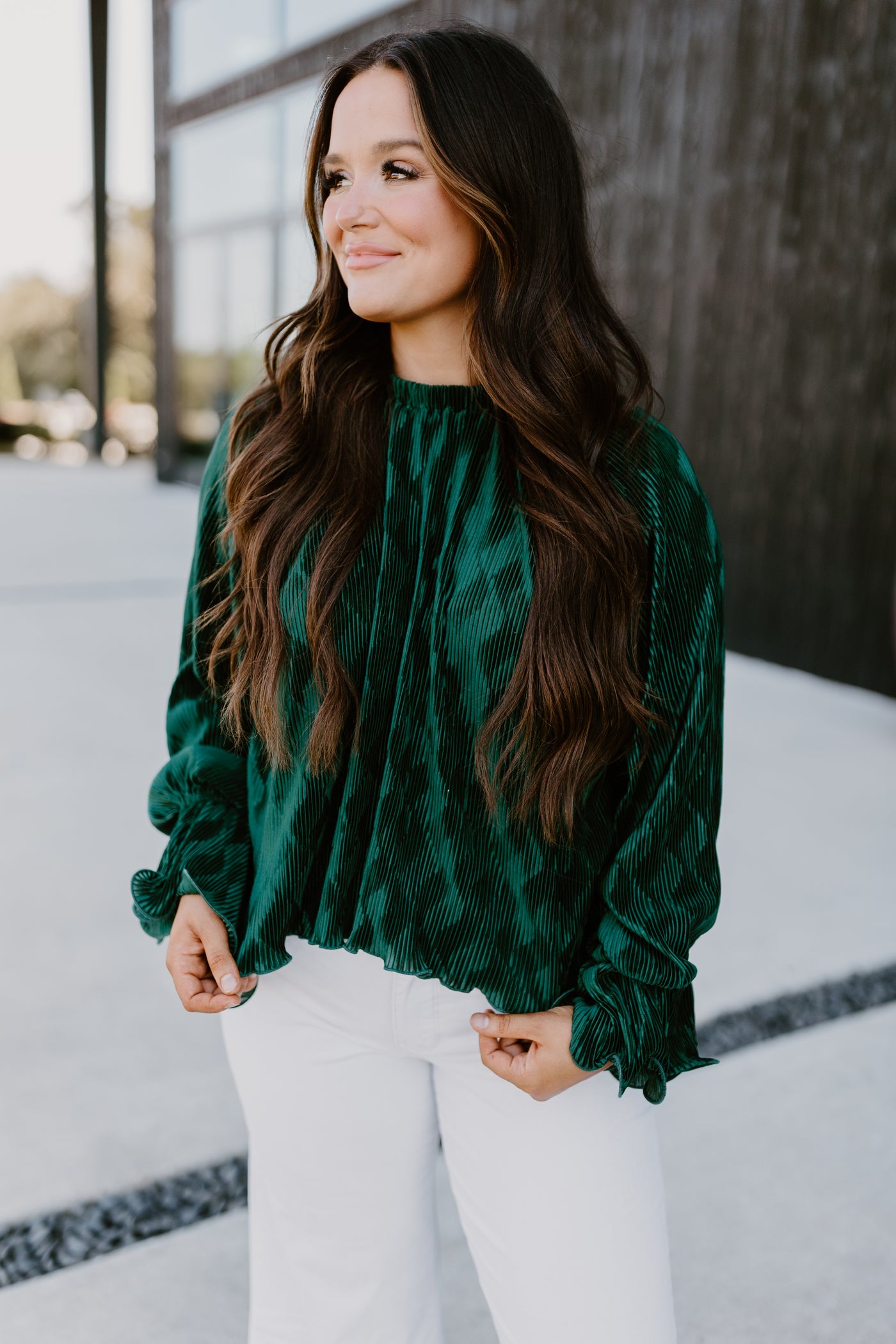 Hunter Green Pleated Ruffle Top