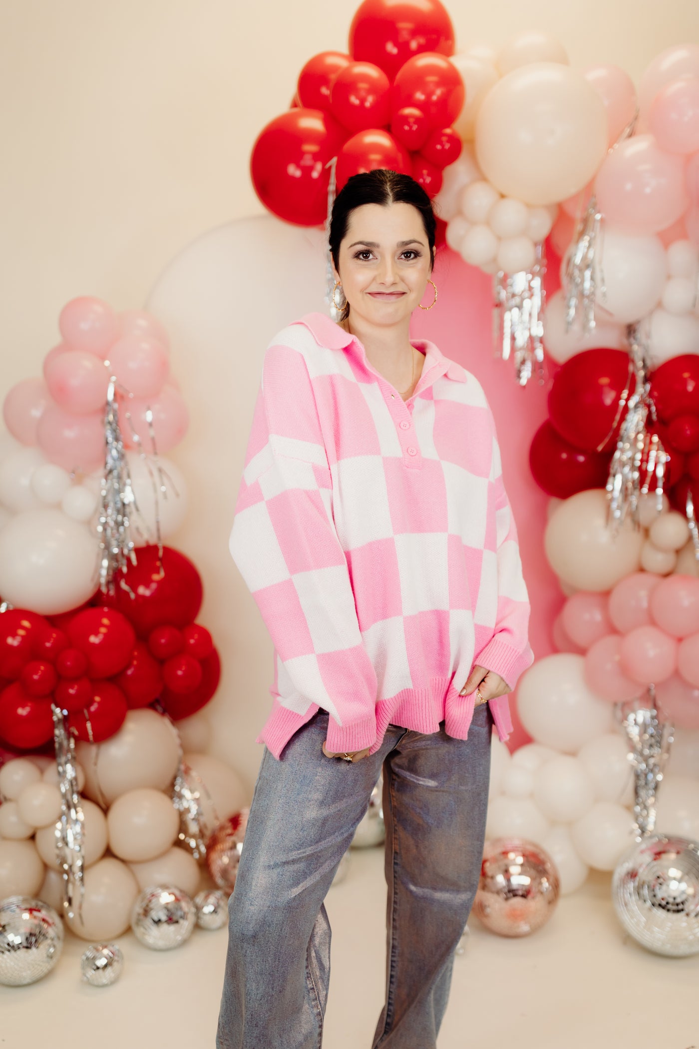 Pink and White Checkered Button Detail Collared Sweater