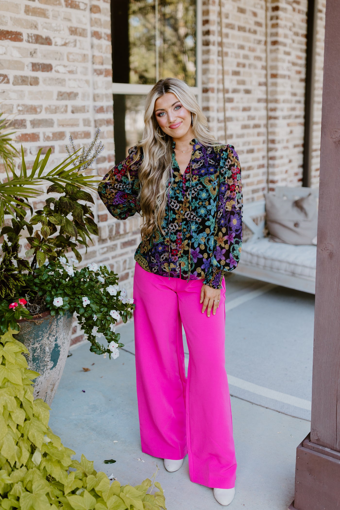 Black Chiffon Multi Print Ruffle Detail Tie Neck Blouse