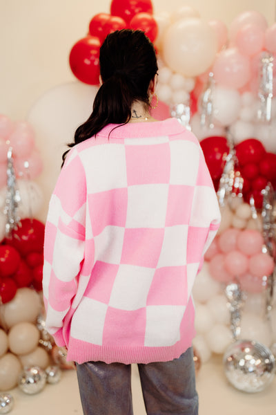 Pink and White Checkered Button Detail Collared Sweater