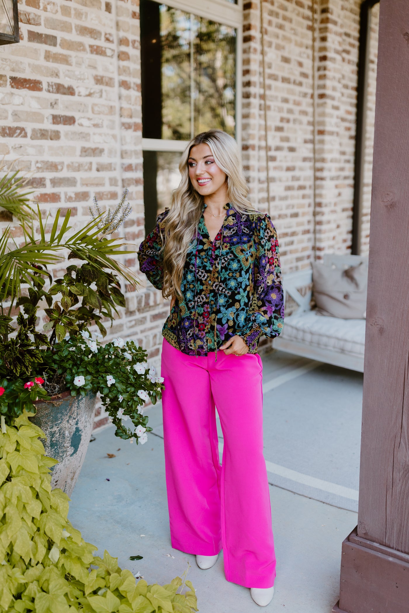 Black Chiffon Multi Print Ruffle Detail Tie Neck Blouse