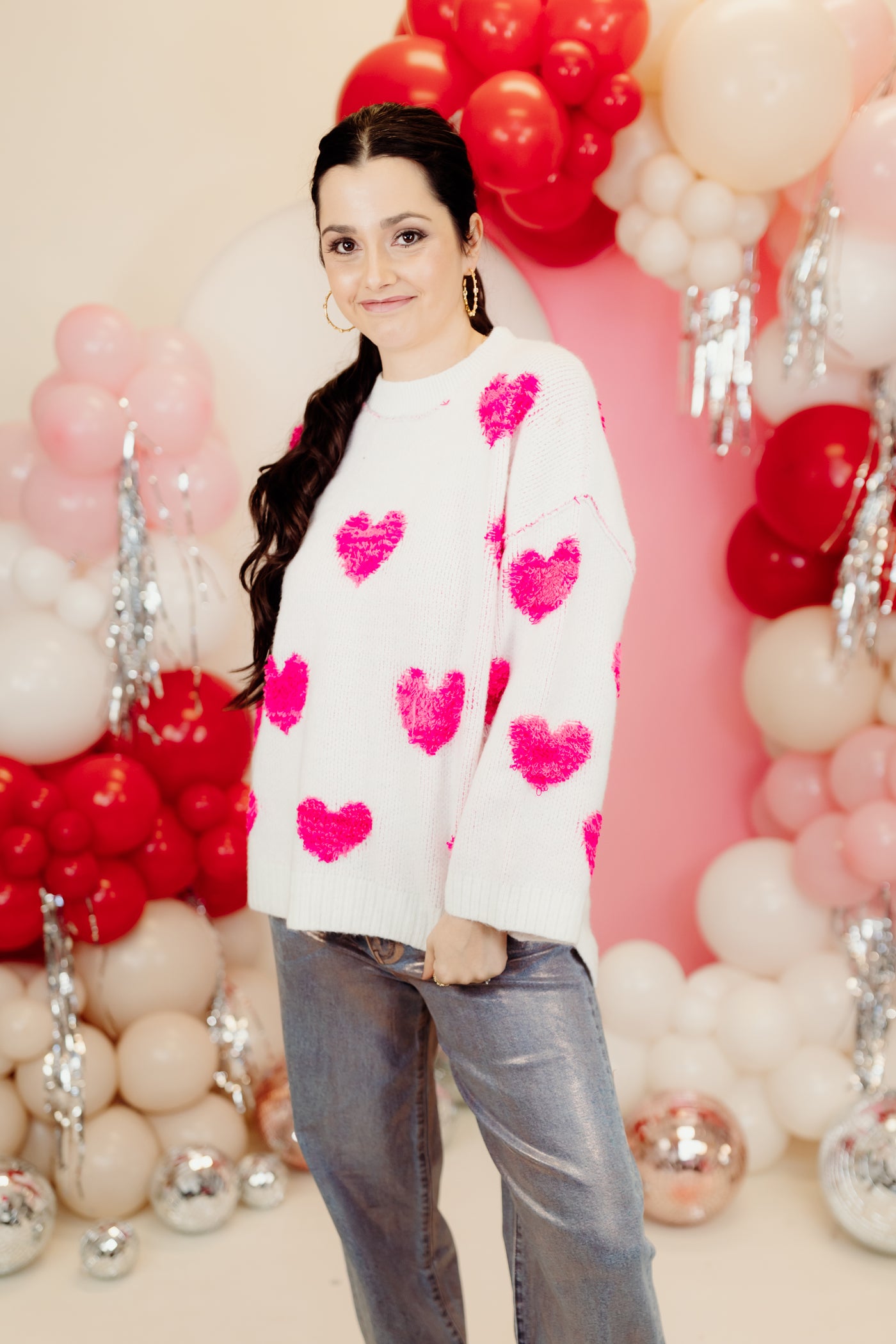 White and Pink Cozy Heart Embroidery Sweater