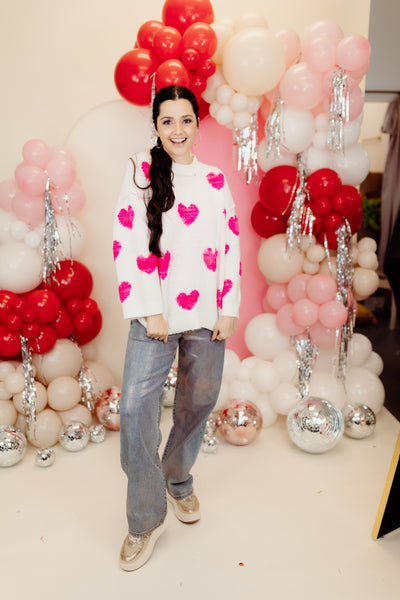 White and Pink Cozy Heart Embroidery Sweater