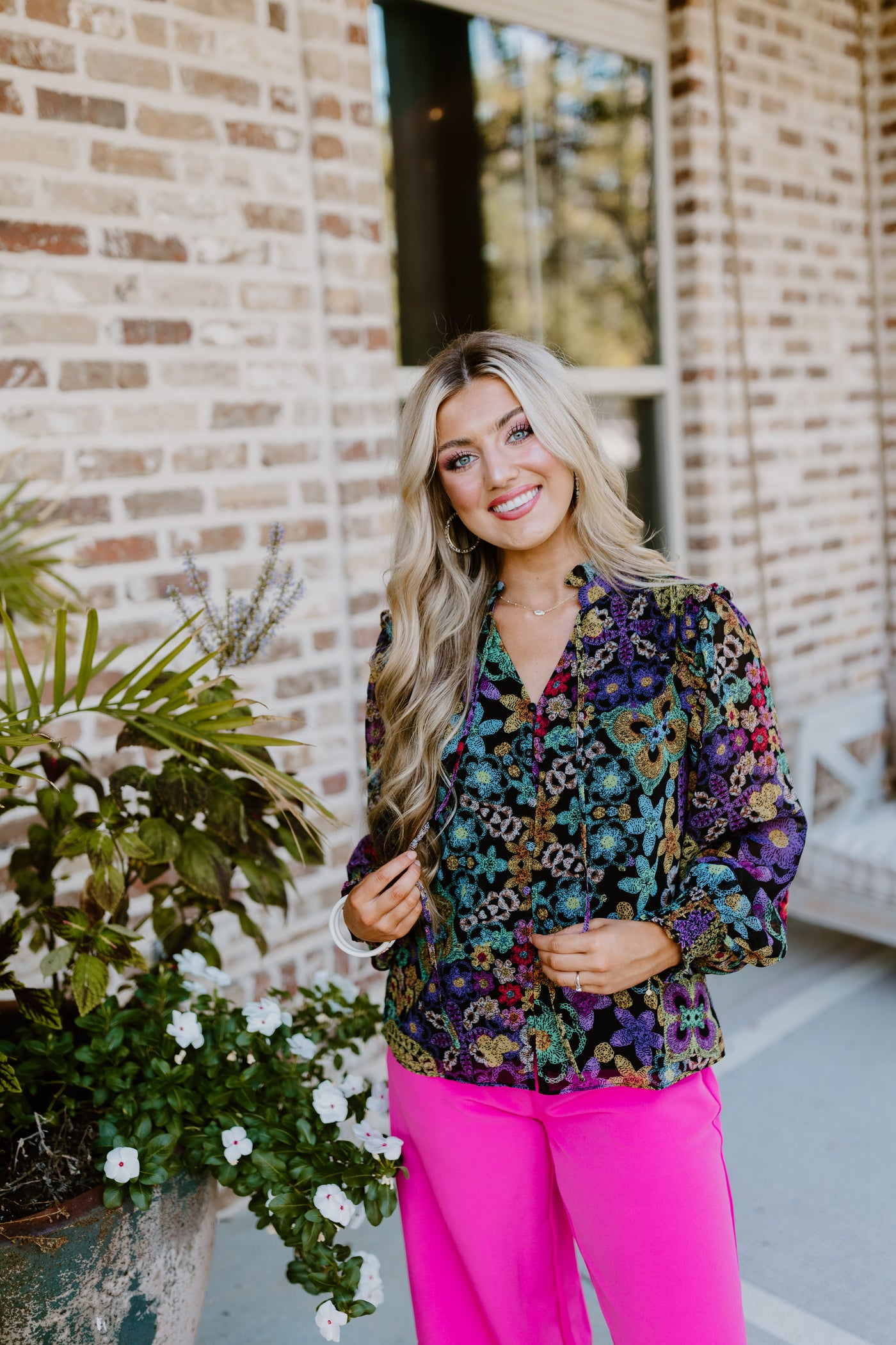 Black Chiffon Multi Print Ruffle Detail Tie Neck Blouse