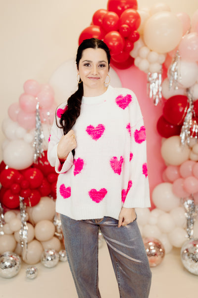 White and Pink Cozy Heart Embroidery Sweater