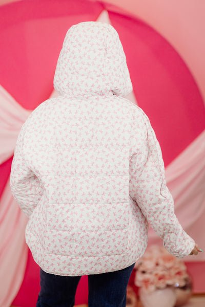 Pink and Ivory Bow Pullover Puffer Jacket