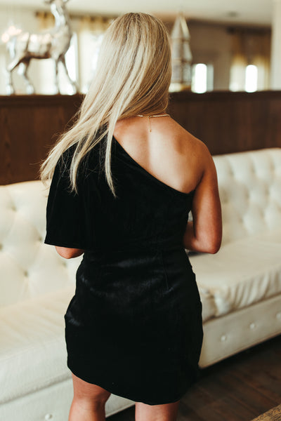 Black Velvet One Shoulder Wrap Dress