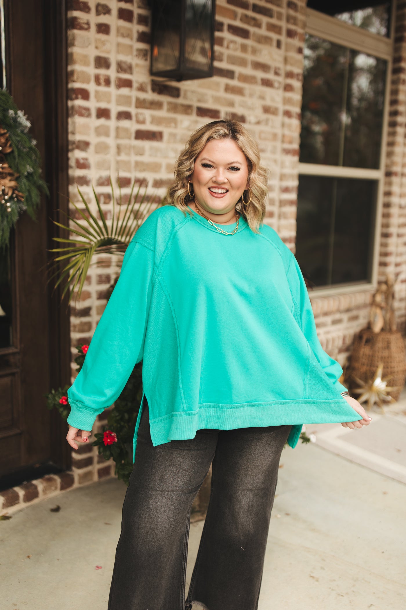 Dark Mint Contrast French Terry Oversized Top