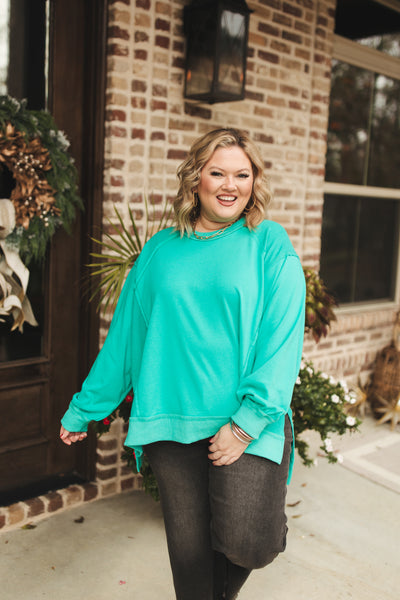 Dark Mint Contrast French Terry Oversized Top