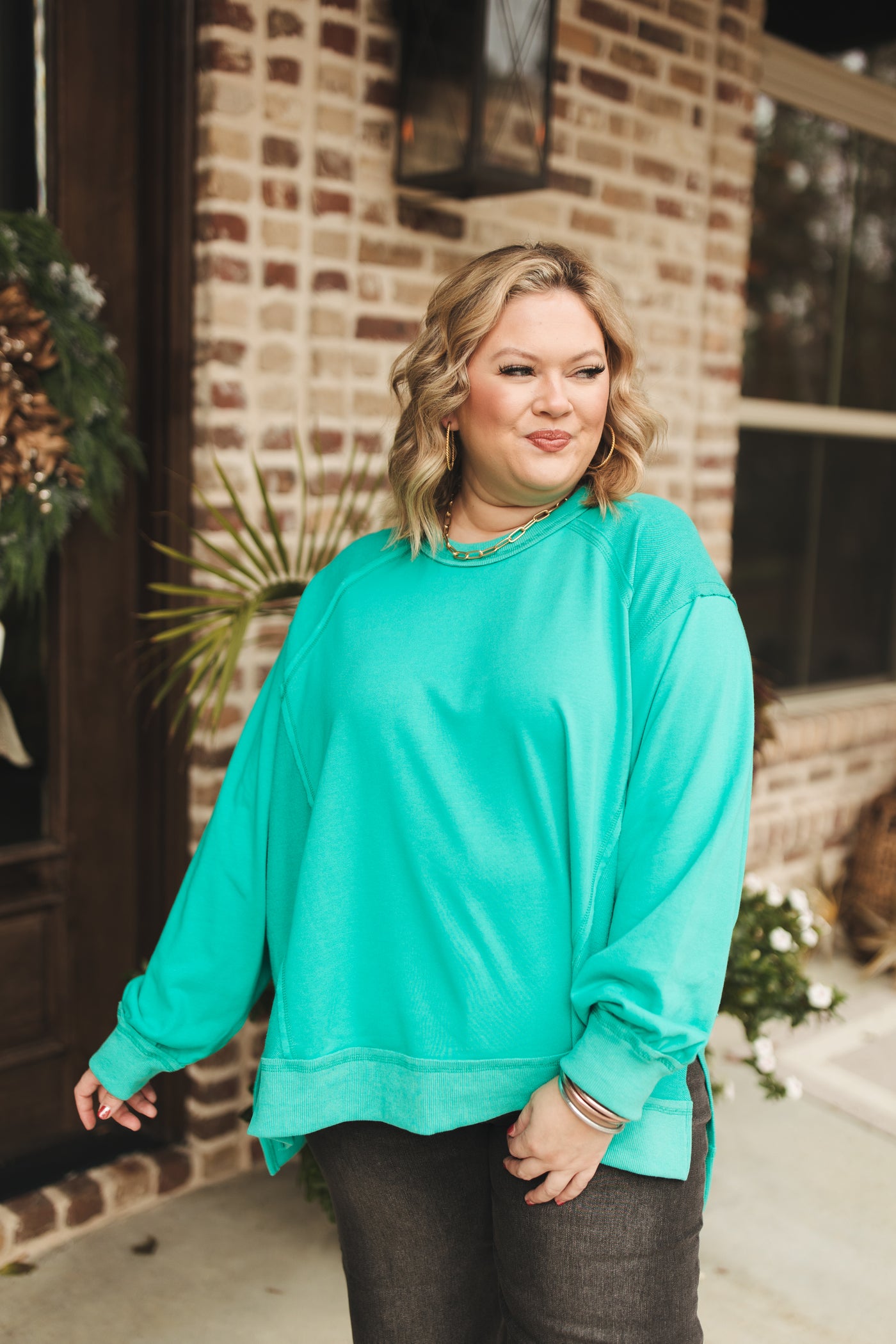 Dark Mint Contrast French Terry Oversized Top