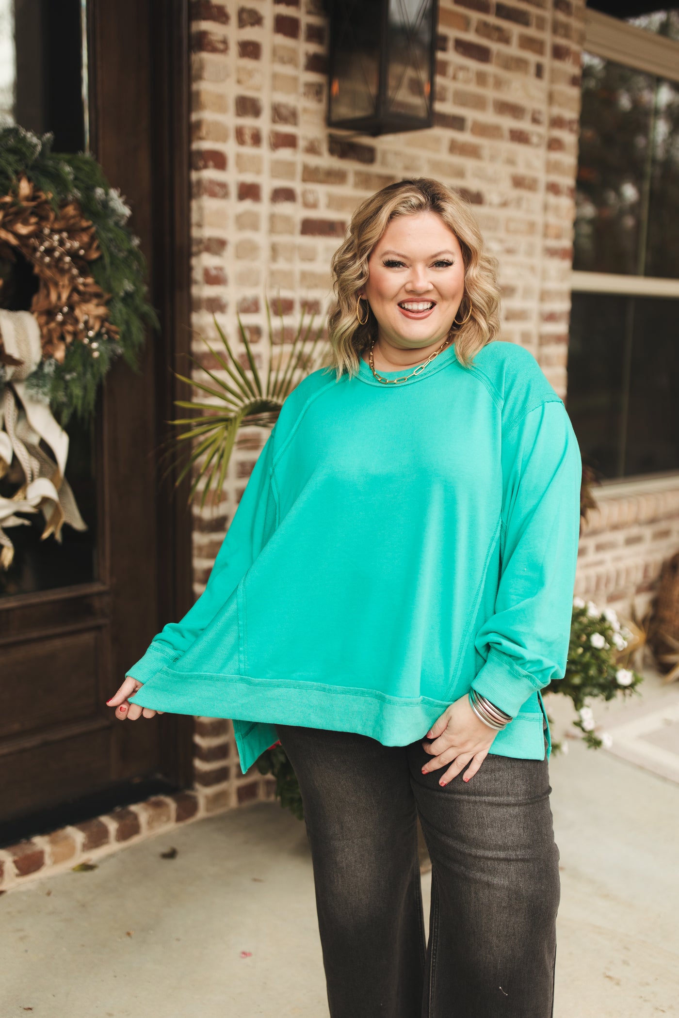 Dark Mint Contrast French Terry Oversized Top