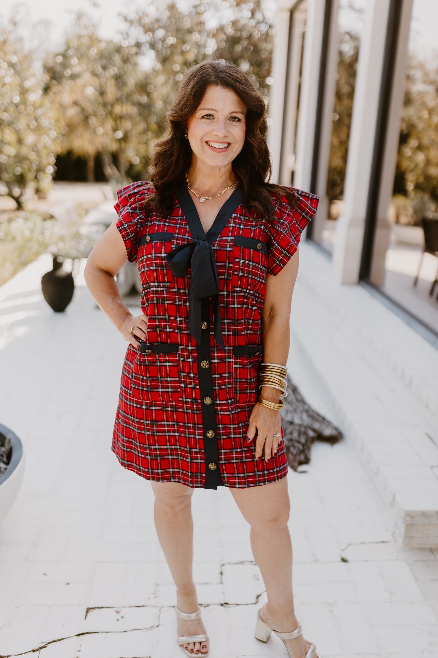 Red Plaid Button Down Tie Detail Mini Dress