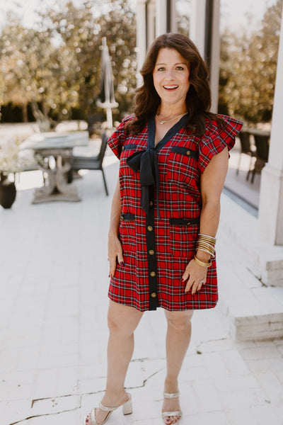 Red Plaid Button Down Tie Detail Mini Dress