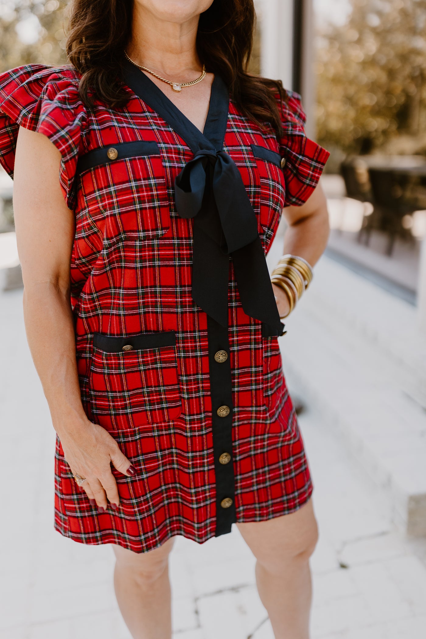 Red Plaid Button Down Tie Detail Mini Dress