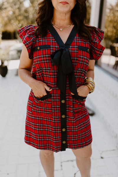 Red Plaid Button Down Tie Detail Mini Dress