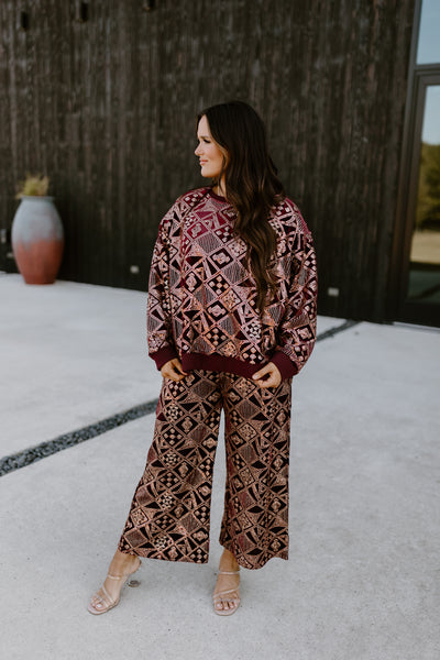 Burgundy and Gold Patterned Sequin Top and Pant Set