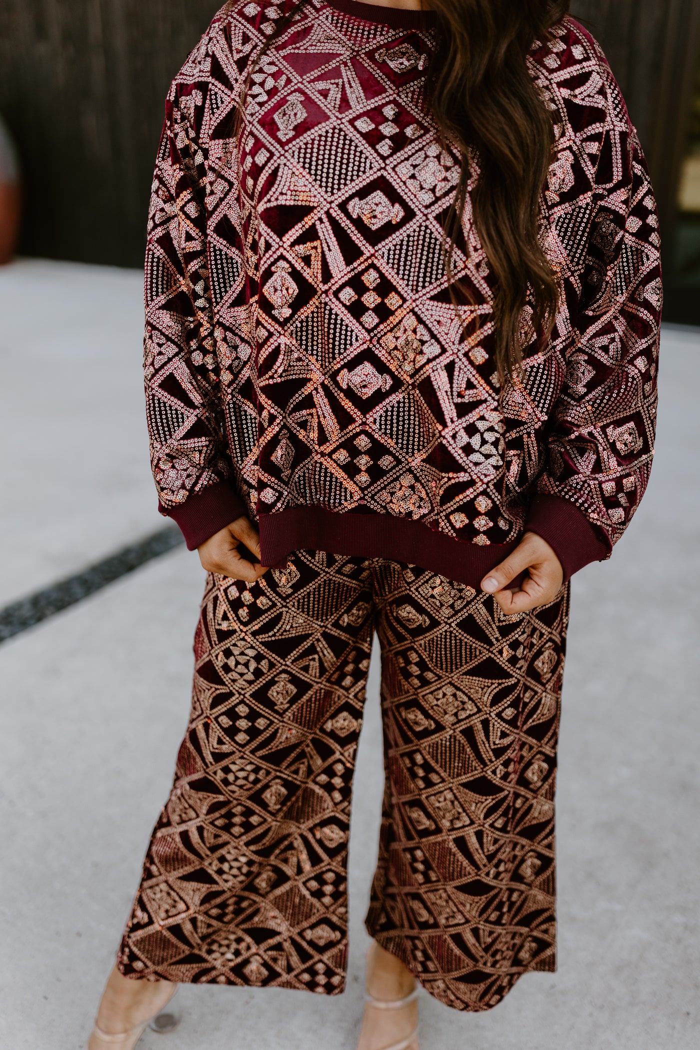 Burgundy and Gold Patterned Sequin Top and Pant Set