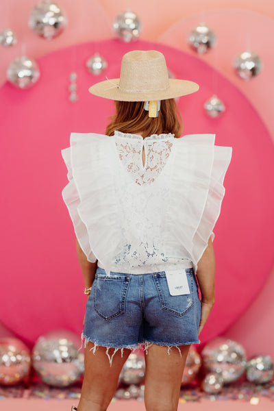 Off White Chiffon Ruffle Lace Top