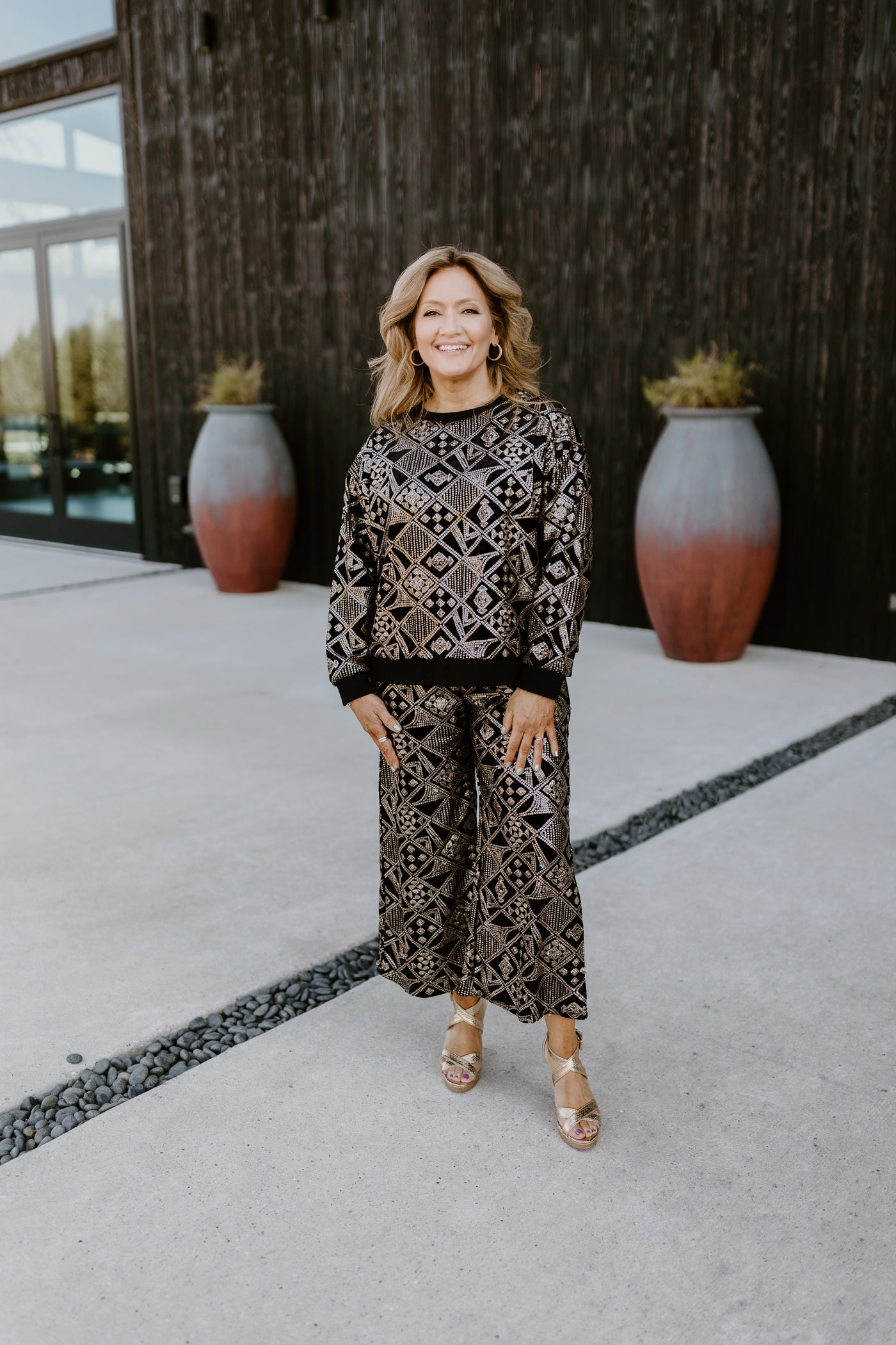 Black and Gold Patterned Sequin Top and Pant Set