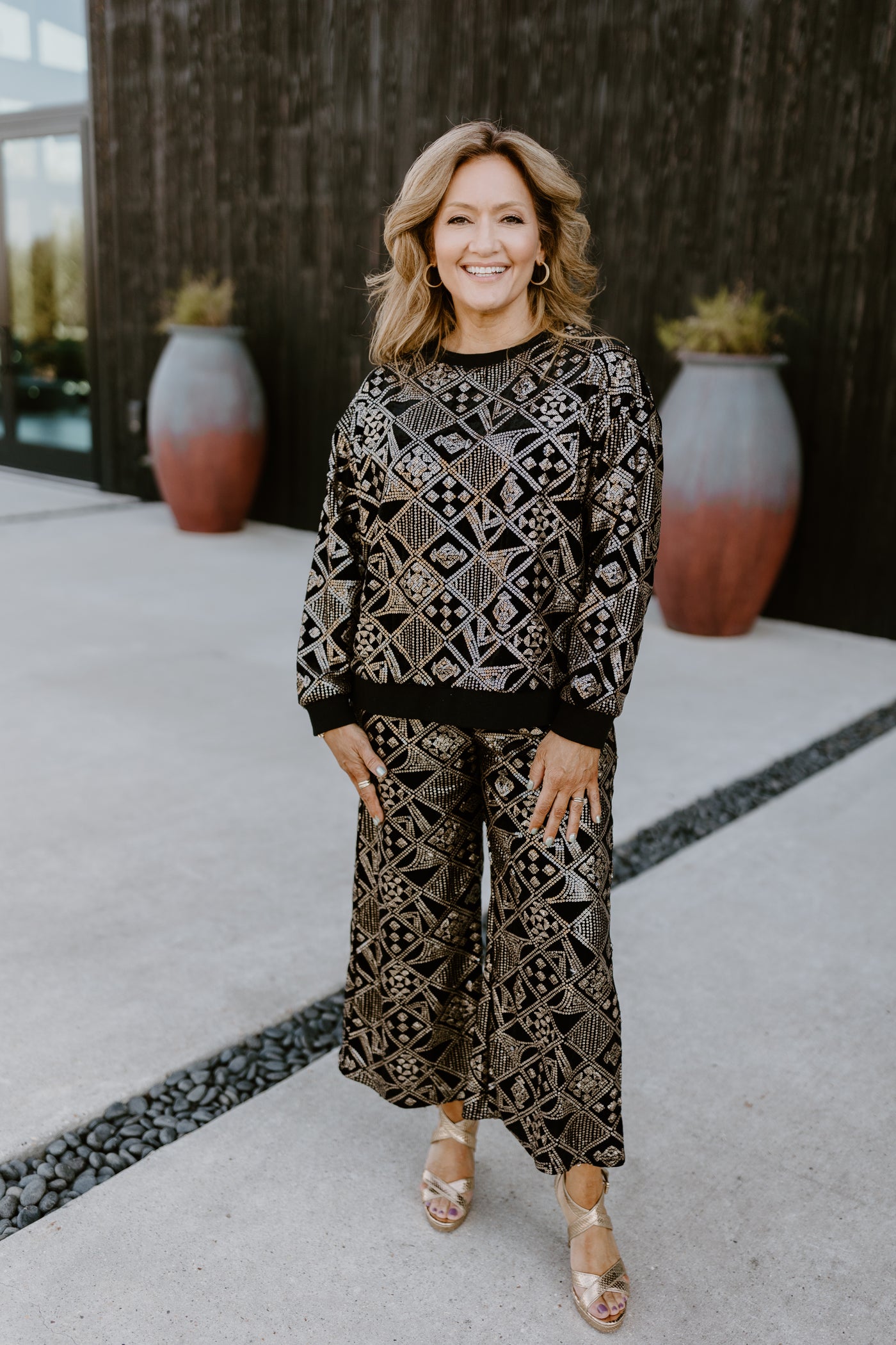 Black and Gold Patterned Sequin Top and Pant Set