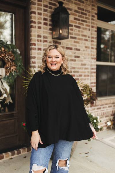 Black Dolman Button Sleeve Turtleneck Knit Top