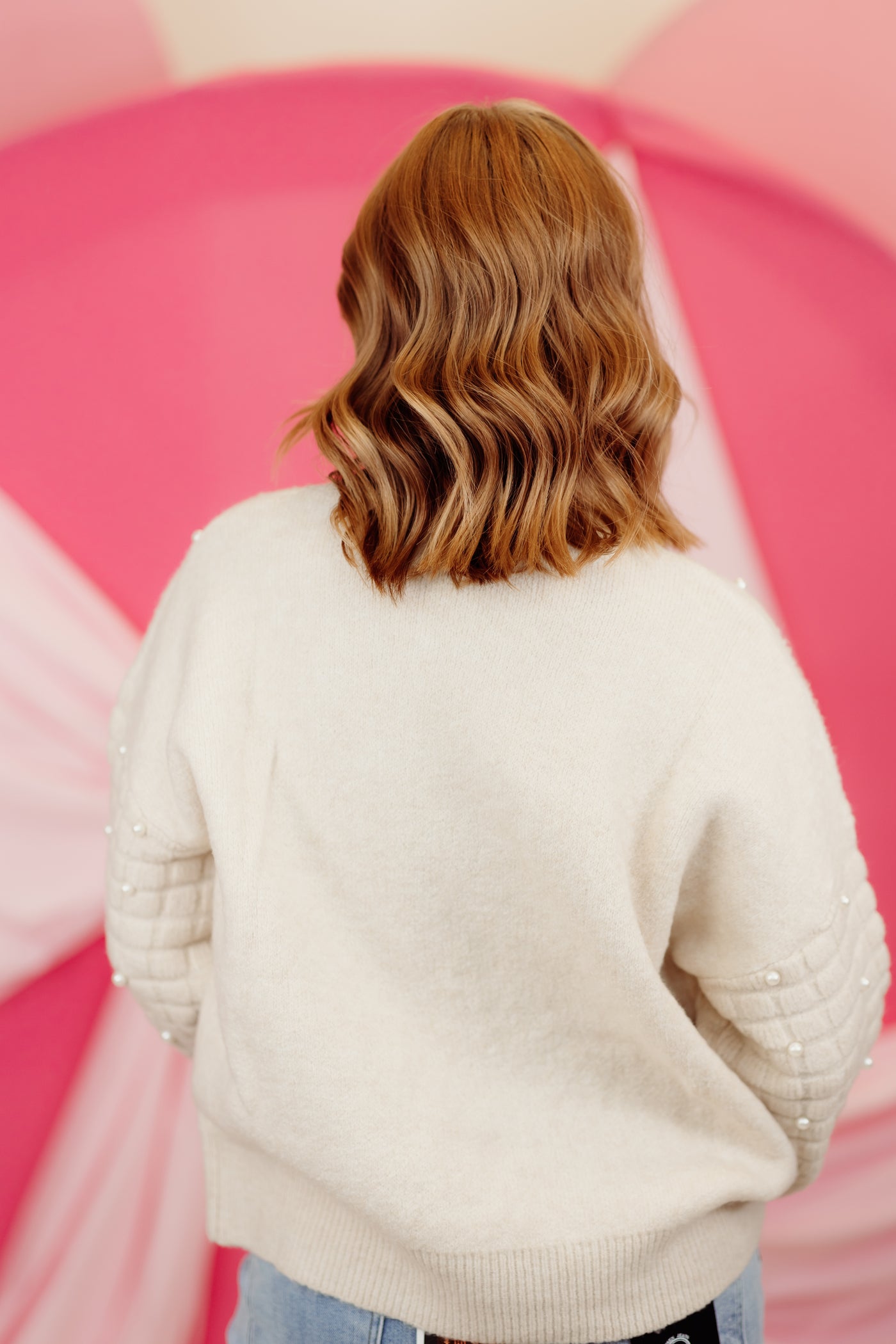 Natural Round Neck Pearl and Bow Sweater