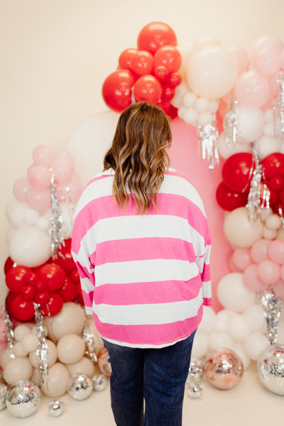 Pink Mix Striped Collared Oversized Tee