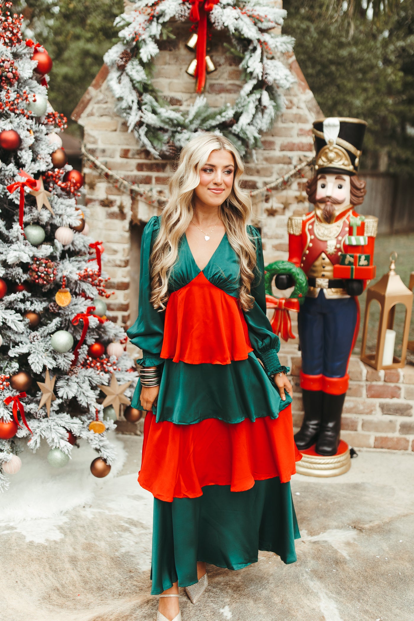 Red and Green Colorblock Iridescent Tiered Maxi Dress