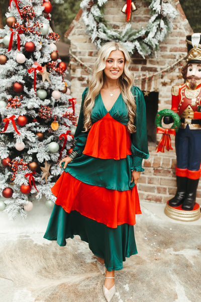 Red and Green Colorblock Iridescent Tiered Maxi Dress