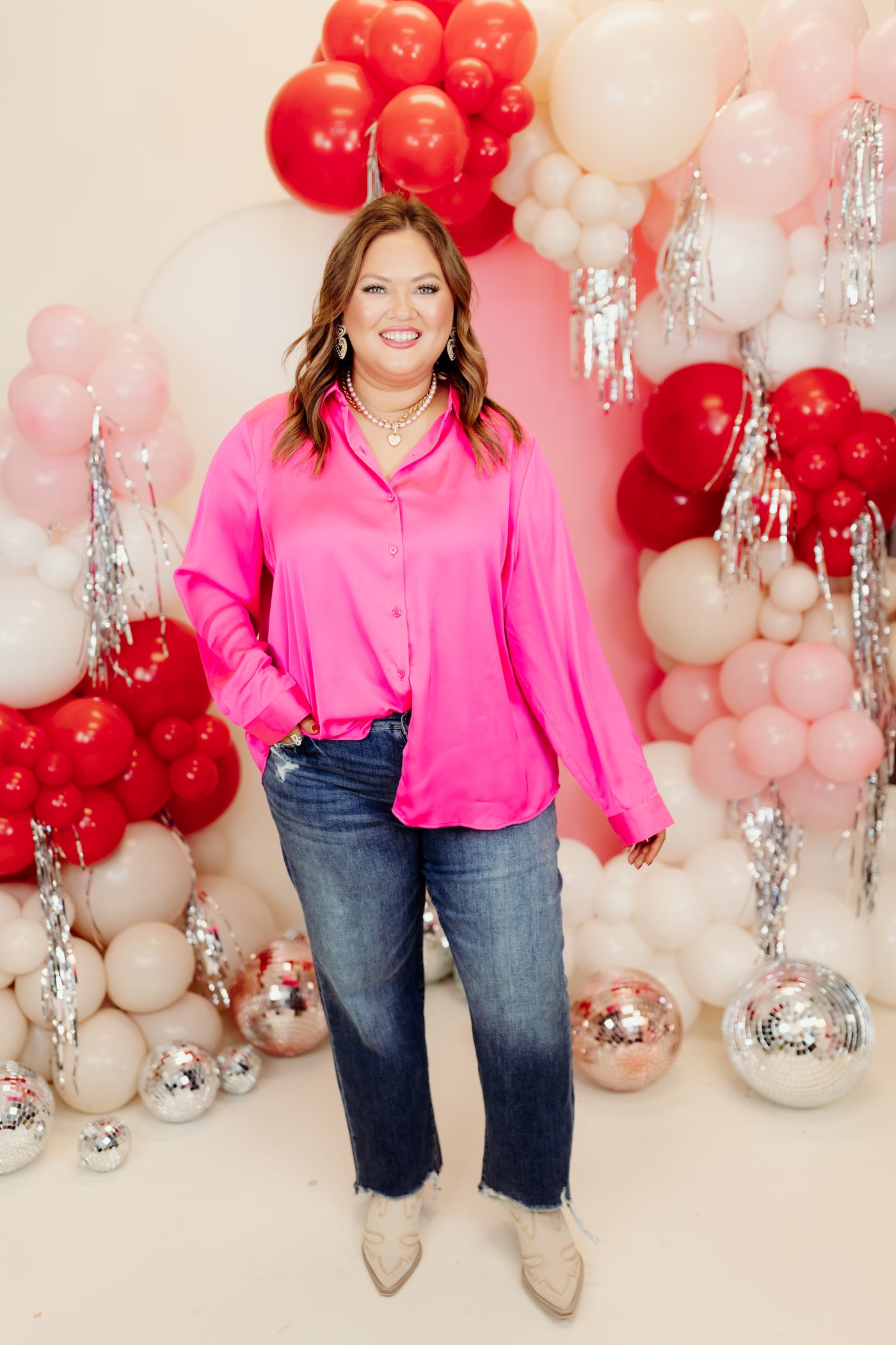 Pretty in Pink Satin Button Down Blouse