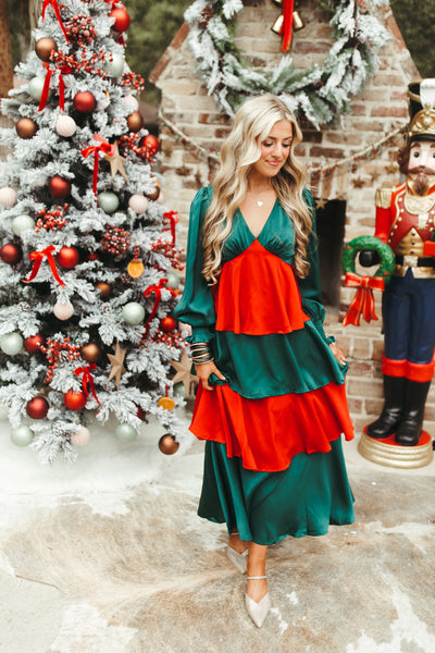 Red and Green Colorblock Iridescent Tiered Maxi Dress