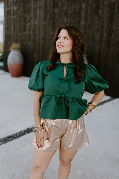 Hunter Green Puff Sleeve Bow Detail Peplum Top