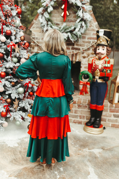 Red and Green Colorblock Iridescent Tiered Maxi Dress