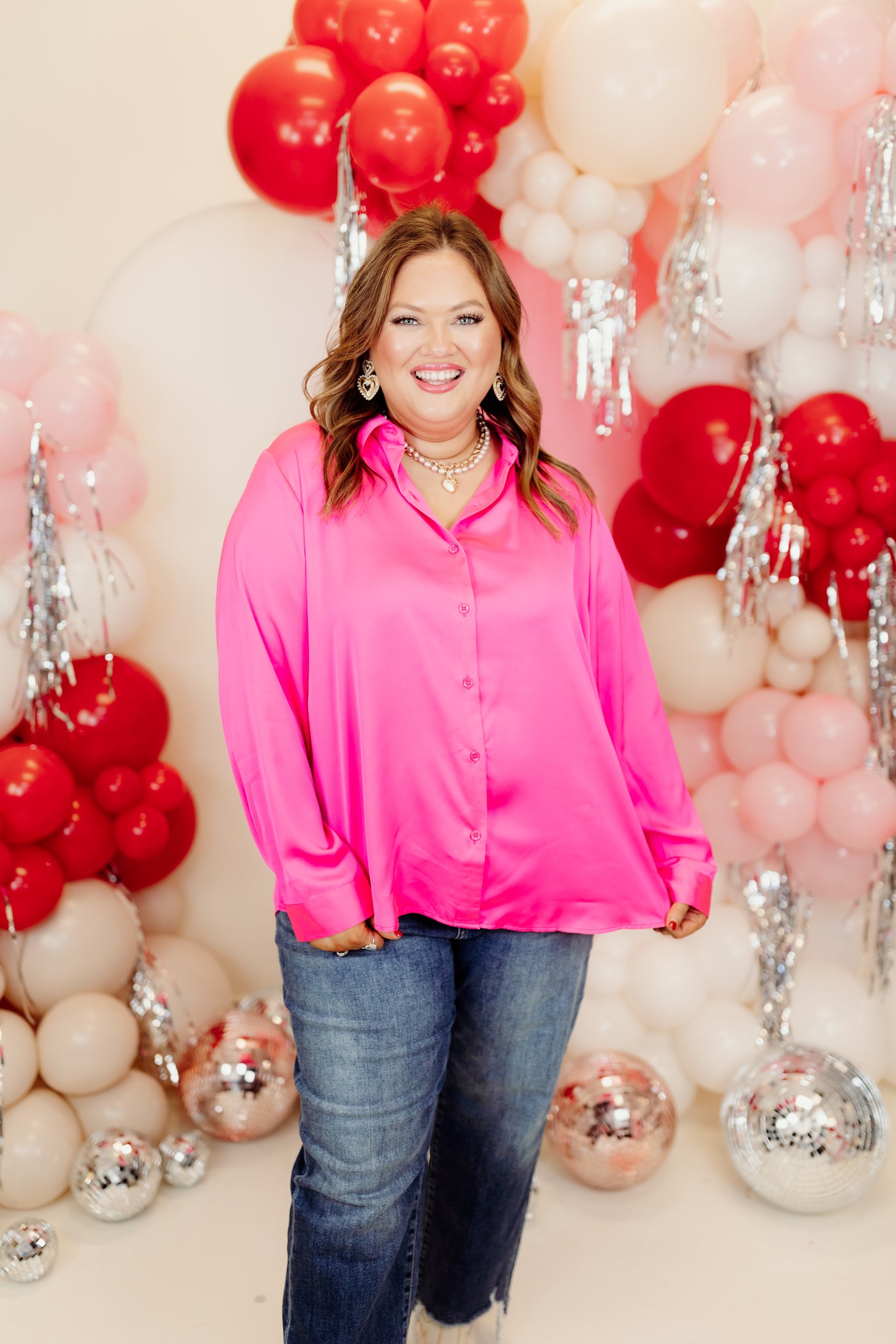 Pretty in Pink Satin Button Down Blouse