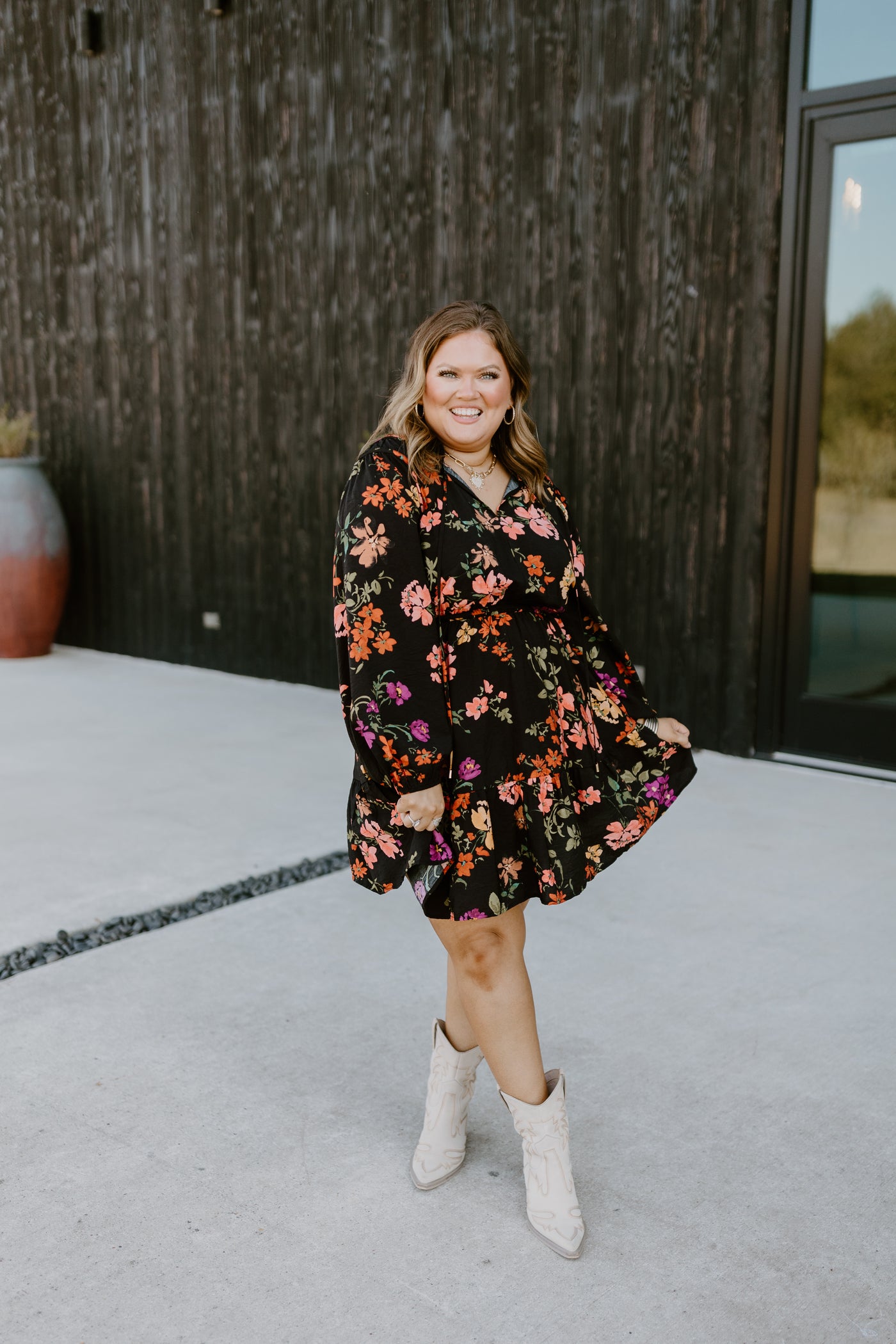 Black Multi Floral Notch Neck Long Sleeve Dress