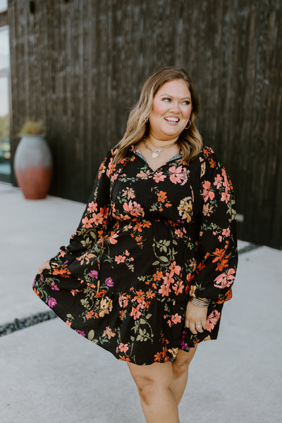 Black Multi Floral Notch Neck Long Sleeve Dress