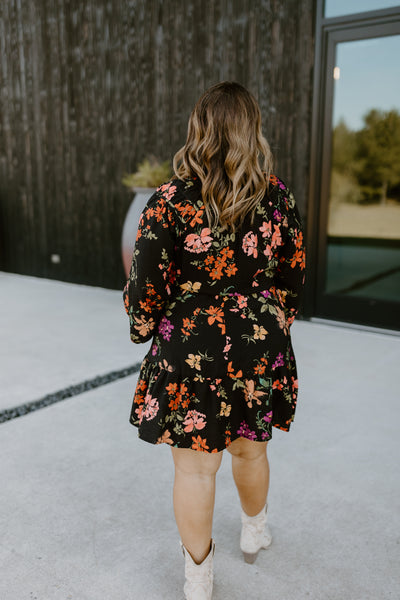 Black Multi Floral Notch Neck Long Sleeve Dress