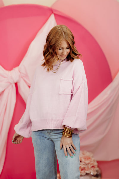 Cotton Pink Balloon Sleeve Round Neck Cropped Sweater