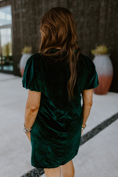 Emerald Braided Detail Puff Sleeve Velvet Dress