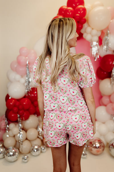 Pink/White/Green Gauze Tie Front Puff Sleeve Pajama Set