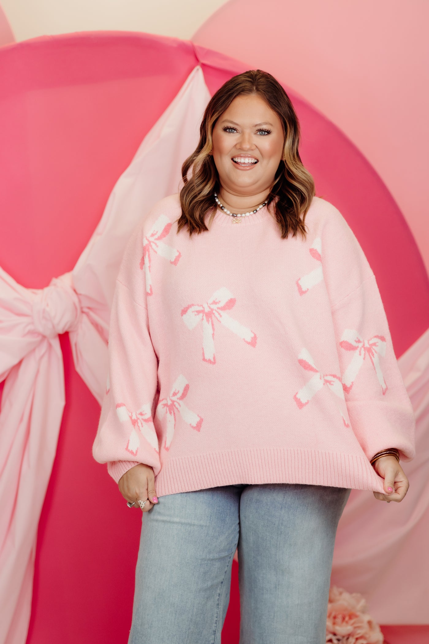 Light Pink Balloon Sleeve Bow Sweater