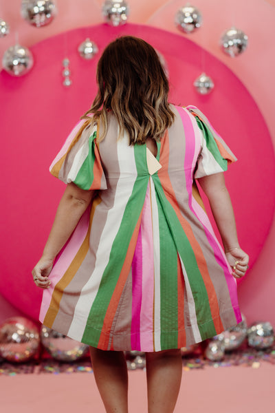 Multicolor Striped Round Neck Puff Sleeve Dress