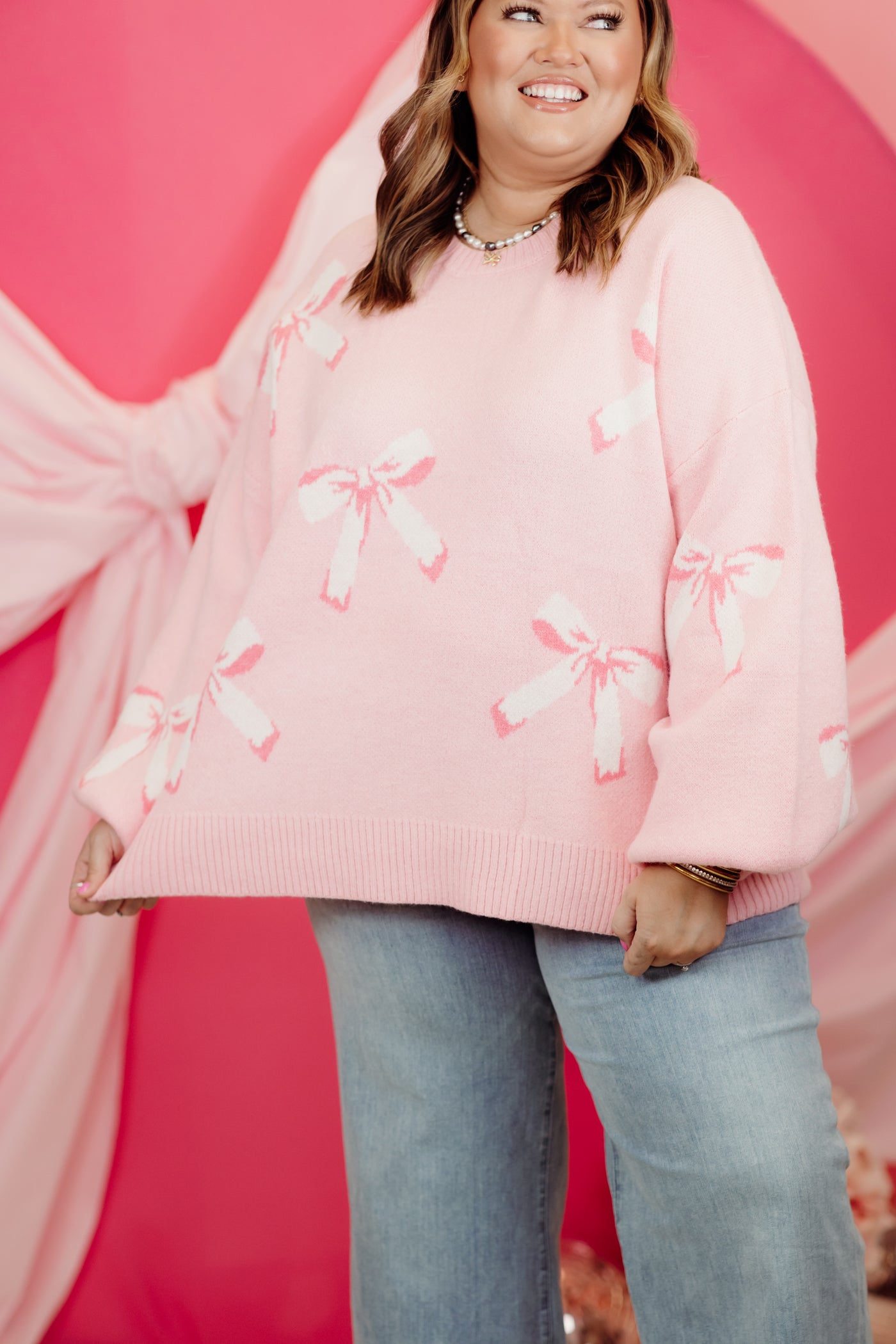 Light Pink Balloon Sleeve Bow Sweater