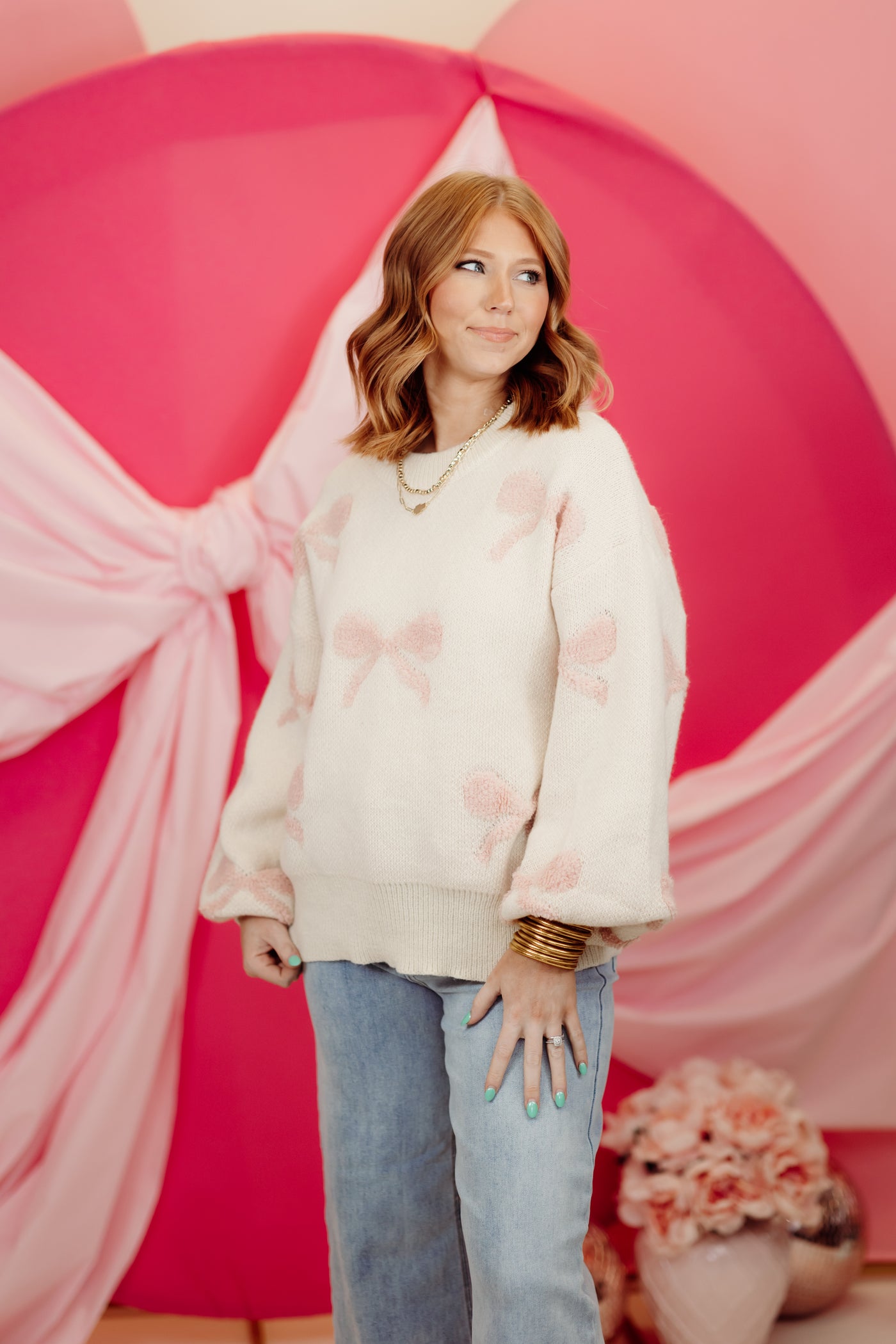 Cream and Pink Round Neck Balloon Sleeve Bow Sweater