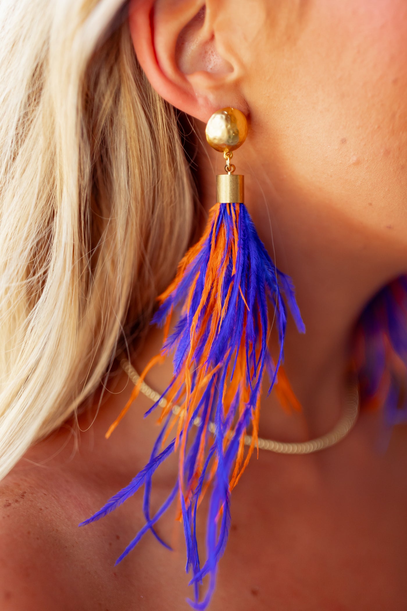 Virtue Jewelry Hammered Dome Post With Blue & Orange Feather Drop Earrings