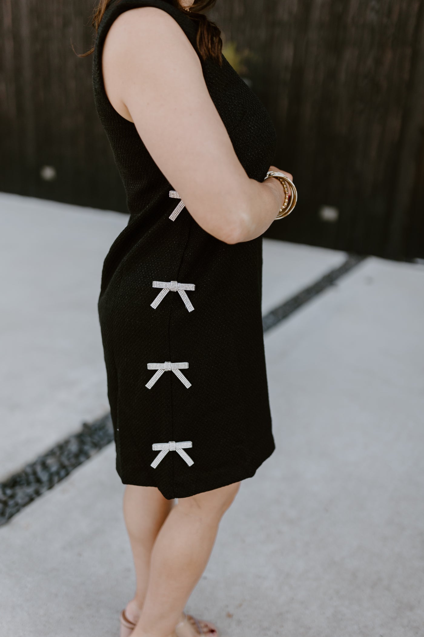 Black Textured Sleeveless Rhinestone Bow Detail Dress