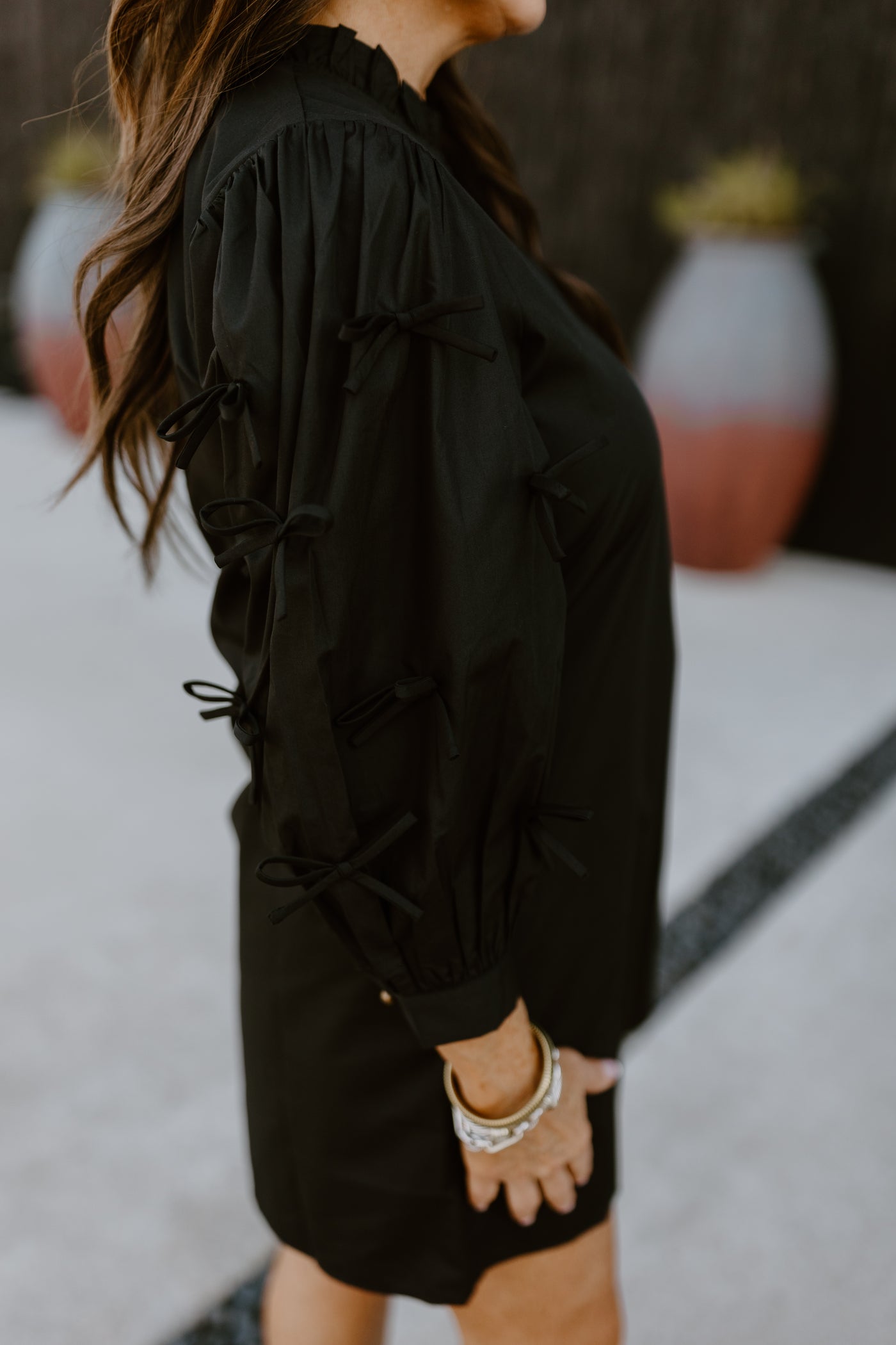 Black Ruffle Neck Bow Detail Dress